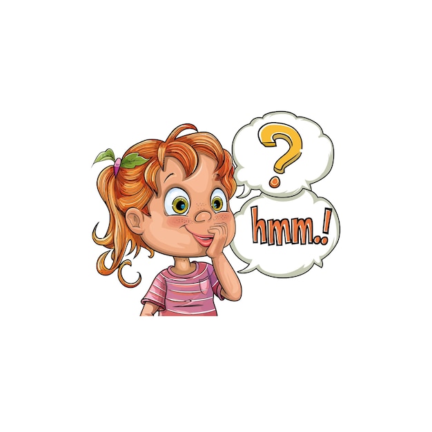 Niña de dibujos animados curiosa con signo de pregunta Pensamiento Burbuja Diseño de ilustración vectorial