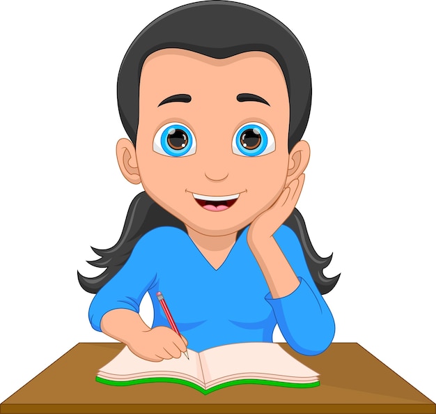 niña de dibujos animados estudiando aislado sobre fondo blanco