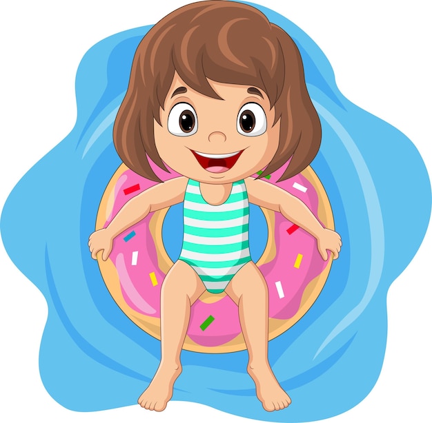 Niña de dibujos animados flotando con anillo inflable