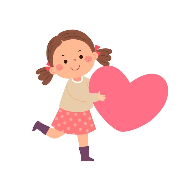 Vector niña de dibujos animados con un gran corazón rosa concepto de día de san valentín