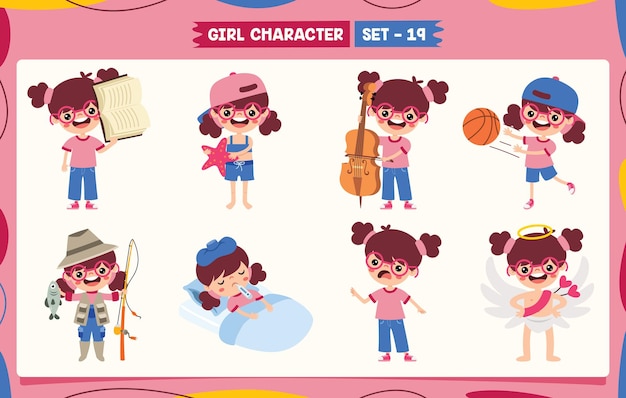 Niña de dibujos animados haciendo varias actividades.