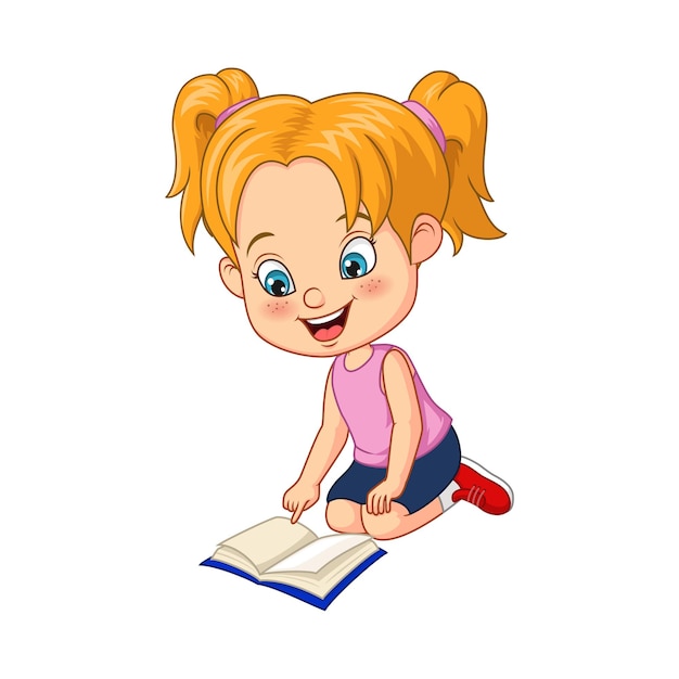 Niña de dibujos animados leyendo un libro