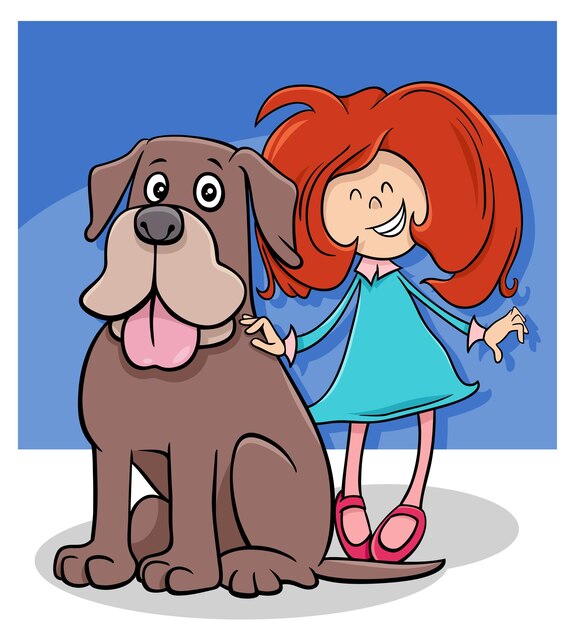 una niña de dibujos animados con un personaje gracioso de perro grande