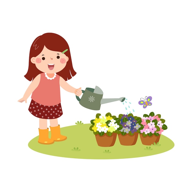 Vector niña de dibujos animados regando flores en macetas