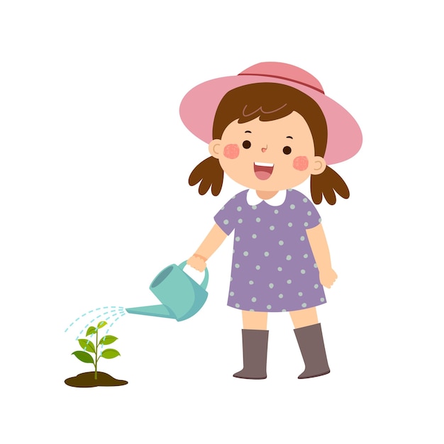 Niña de dibujos animados regando una planta joven