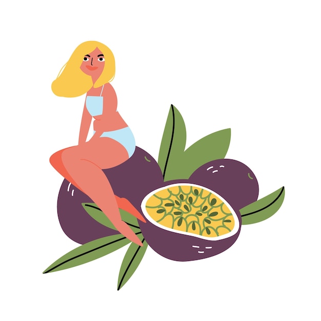 Vector una niña de dibujos animados está sentada en una fruta de la pasión frutas exóticas frutivarismo delicioso producto alimenticio saludable fruta tropical madura dibujada a mano ilustración vectorial sobre un fondo blanco aislado
