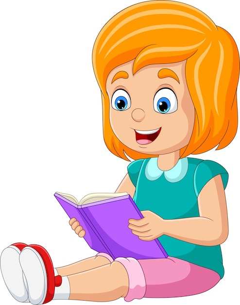 Niña de dibujos animados sentada y leyendo un libro