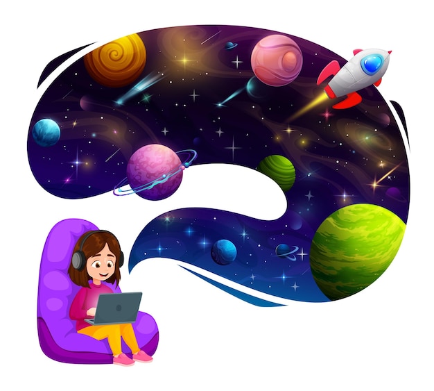 Niña de dibujos animados sentada en una silla de bolsa con una computadora portátil y pensando en el descubrimiento del espacio, educación vectorial, computadoras y tecnologías de Internet, personaje de niña linda que estudia la galaxia del universo con pc