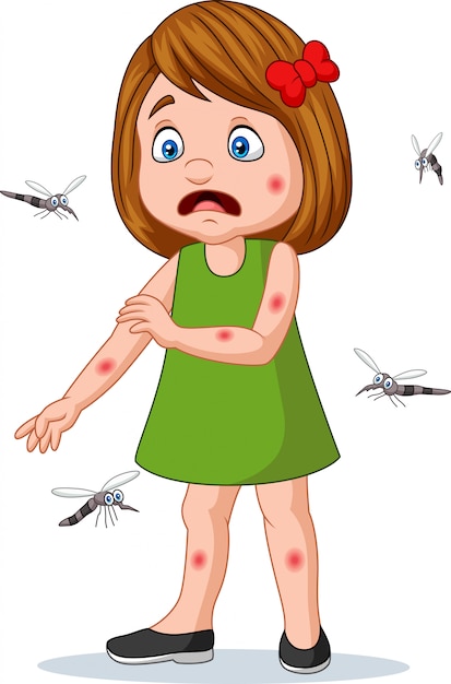 Niña de dibujos animados siendo mordida por mosquitos