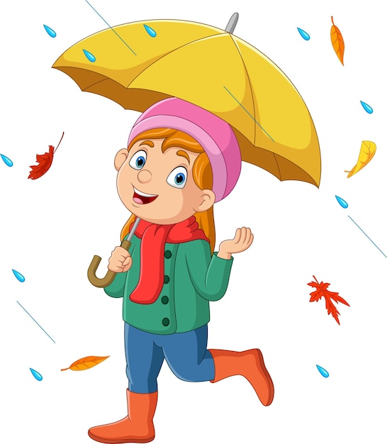 Niña de dibujos animados sosteniendo paraguas bajo la lluvia y cayendo hojas de otoño