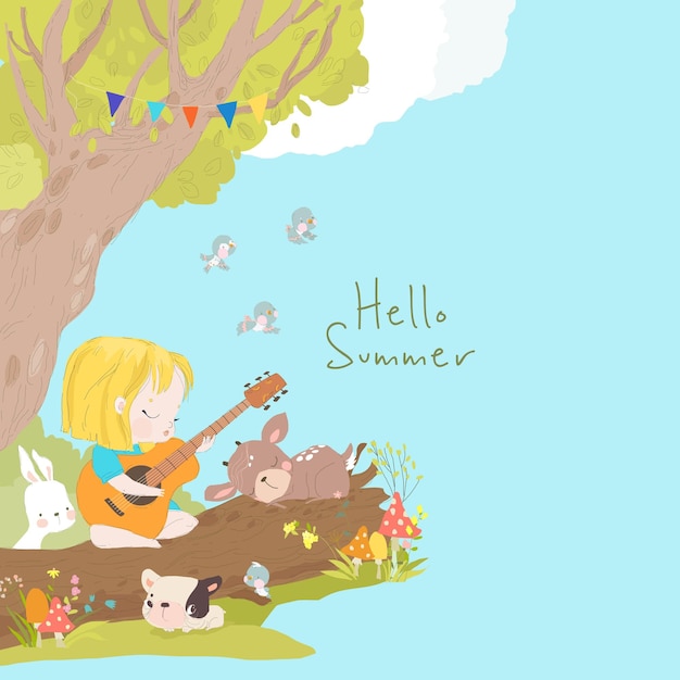 Niña de dibujos animados tocando la guitarra con animales en el bosque