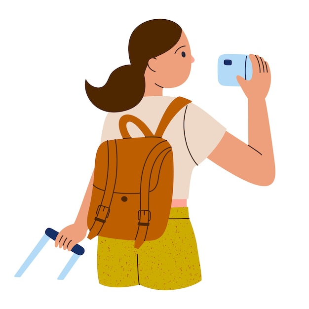 Niña de dibujos animados viajera con maleta y mochila tomando fotos de lugares famosos sola