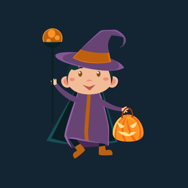 Niña con disfraz de bruja violeta haloween ilustración de vector plano divertido sobre fondo oscuro