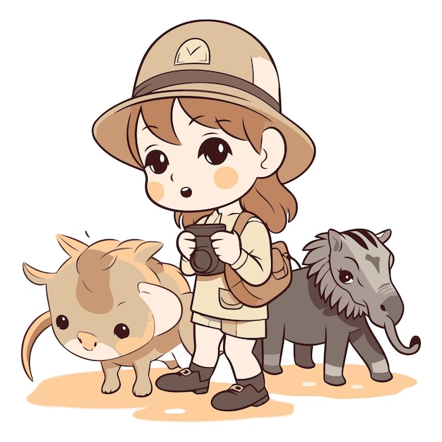 Vector niña en disfraz de safari con un perro y un jabalí