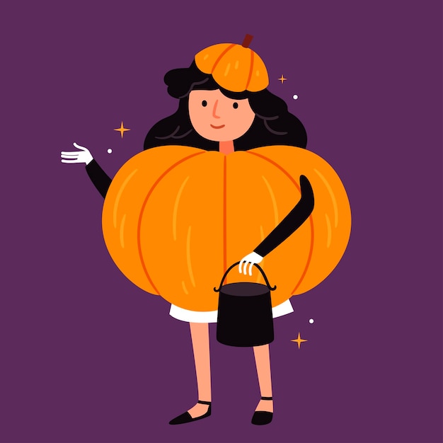 Vector una niña disfrazada de calabazahalloweenotoñoestilo dibujado a mano