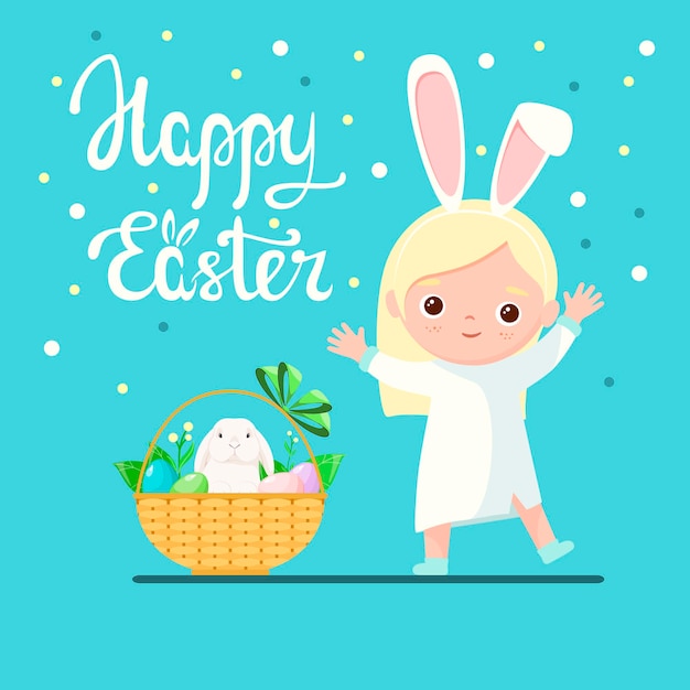 Una niña disfrazada de conejo Una tarjeta de felicitación Felices Pascuas