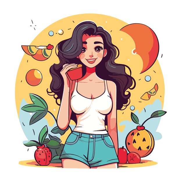 Vector niña disfrutando de una manzana fresca en un soleado día de verano rodeada de frutas cítricas ilustración vectorial