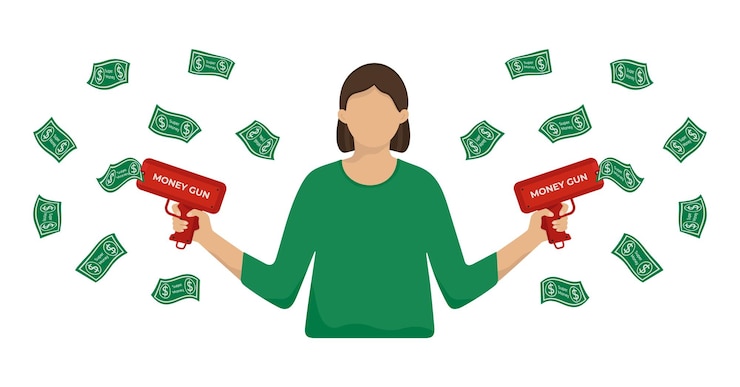 La niña dispara billetes de una pistola de dinero roja ilustración vectorial