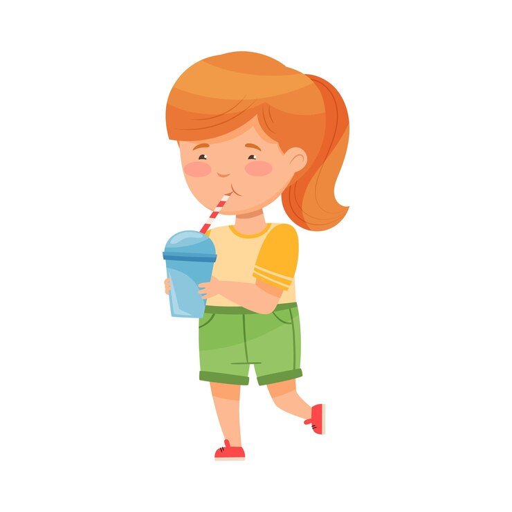 Vector niña divertida sosteniendo un vaso con bebida gaseosa e ilustración vectorial de paja