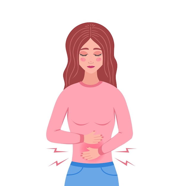 Vector niña con dolor de estómago la mujer siente dolor en el estómago dolor abdominal durante la menstruación diarrea o estreñimiento enfermedad del abdomen y enfermedad ilustración aislada sobre fondo blanco