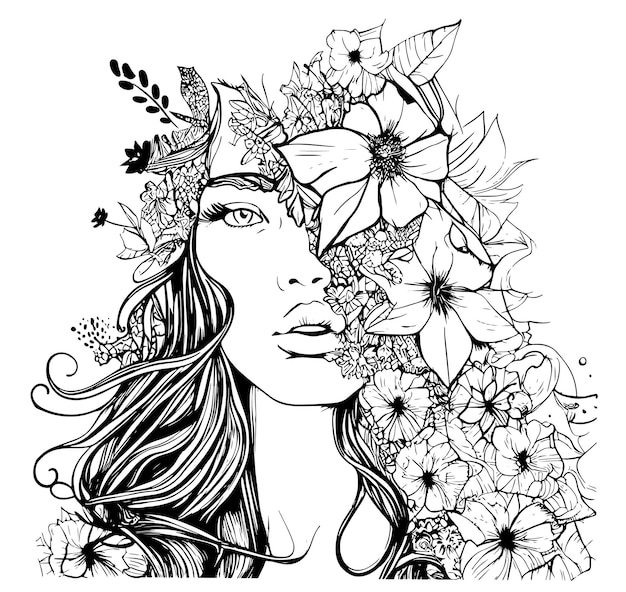 Niña Doodle con hojas y flores en el cabello