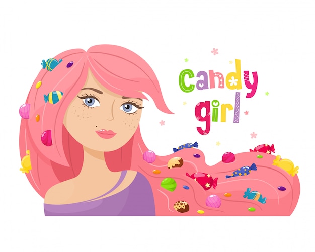 Niña dulce. dulces hermosa chica con dulces en el pelo. ilustración.