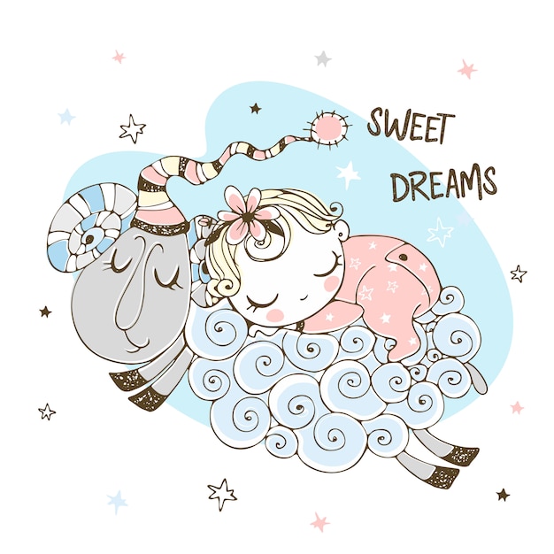 Niña dulcemente durmiendo en una oveja. baby shower dulces sueños.