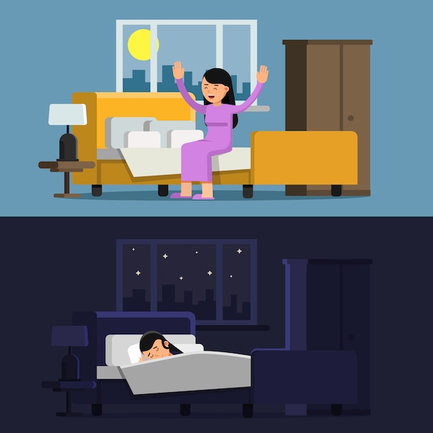 Niña durmiendo en la cama. Mujer en la mañana