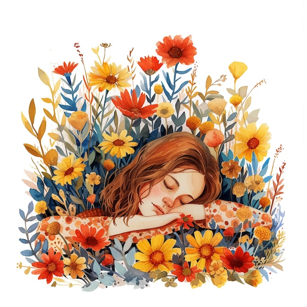 Niña durmiendo en flores pintura a la acuarela