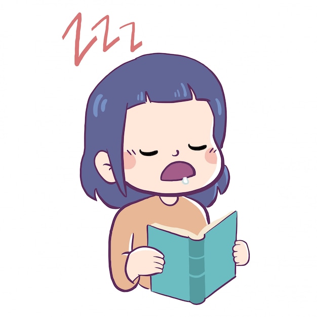 Vector niña durmiendo mientras lee un libro