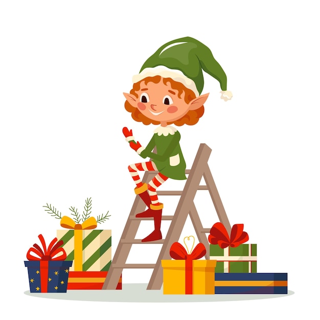 Niña elfa aplaudiendo sus manos muchos regalos cerca de Papá Noel pequeño personaje ayudante con regalos