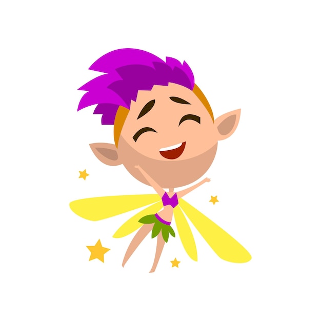 Vector niña elfo alado con pelo púrpura lindo cuento de hadas carácter vector ilustración sobre un fondo blanco