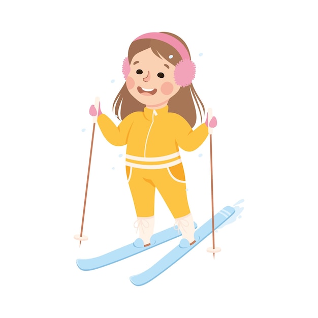 Niña emocionada con ropa cálida esquiando Ilustración vectorial