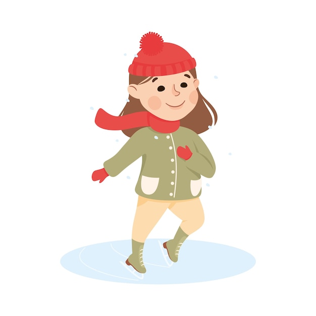 Niña emocionada con ropa cálida Ilustración vectorial de patinaje sobre hielo