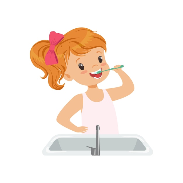 Vector niña encantadora cepillándose los dientes niño cuidando los dientes en el baño ilustración vectorial en un blanco