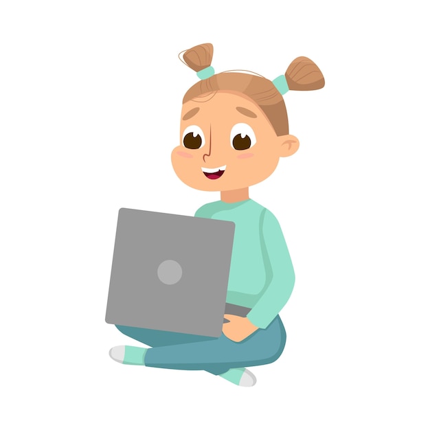 Una niña encantadora sentada en el suelo con las piernas cruzadas usando una computadora portátil educación en línea o