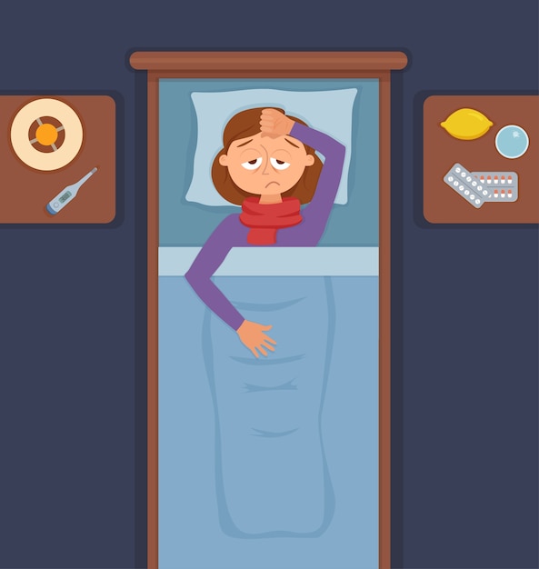Niña enferma en la cama con síntomas de resfriado, gripe. Personaje de dibujos animados en almohada con manta y bufanda, medicina, limón, termómetro. Ilustración de mujer enferma con fiebre alta, dolor de cabeza.