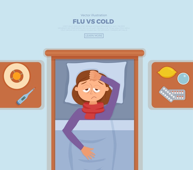 Niña enferma en la cama con síntomas de resfriado, gripe. Personaje de dibujos animados en almohada con manta y bufanda, medicina, limón, termómetro. Ilustración de mujer enferma con fiebre alta, dolor de cabeza.