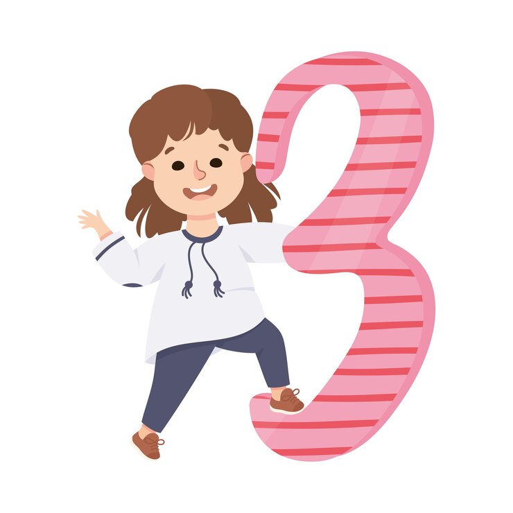 Vector niña con el enorme número tres o aprendizaje numérico ilustración vectorial básica de conteo