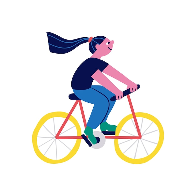 Niña, equitación, bicicleta, moderno, caricatura, carácter, vector, ilustración