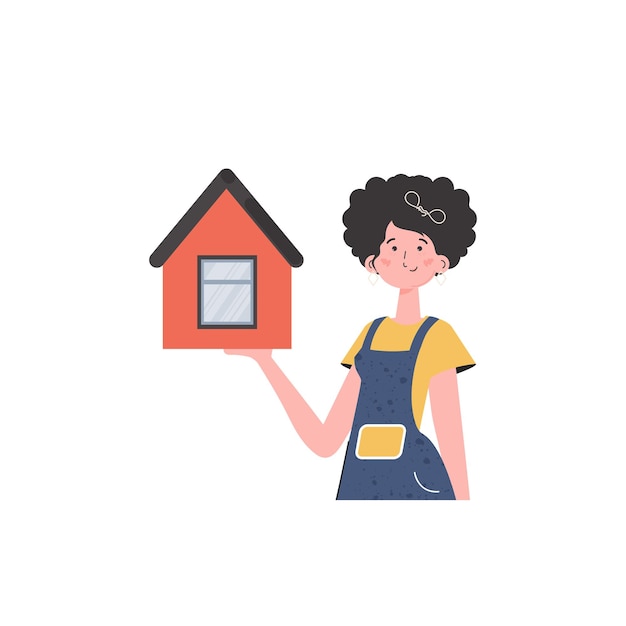 Vector la niña es representada hasta la cintura sosteniendo una casa en sus manos concepto de venta de bienes raíces ilustración vectorial aislada