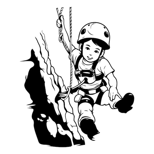 Vector niña escaladora con casco escalando en la roca ilustración vectorial