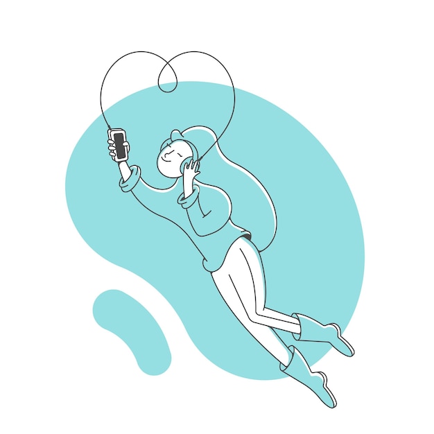 Niña escuchando música en auriculares desde el teléfono Concepto de música en línea