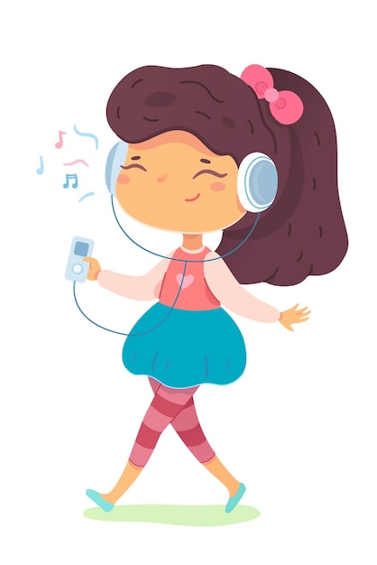 Vector niña escuchando música pequeño niño feliz con auriculares caminando en la calle sosteniendo el reproductor en la mano alegre lindo niño sonriente en la infancia