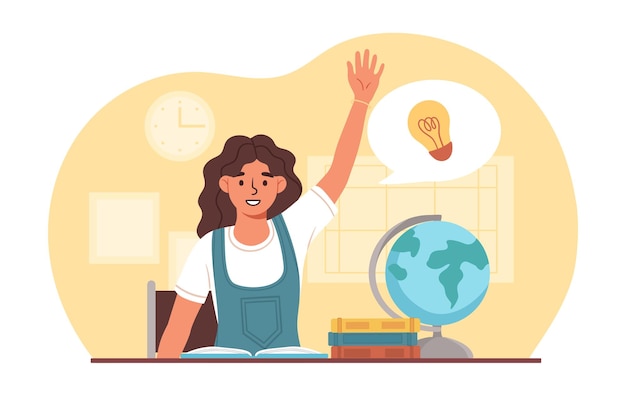 Niña en la escuela con concepto de idea Niña en clase de geografía cerca del globo Educación aprendizaje y capacitación Estudiante en la mesa levanta la mano Ilustración de vector plano de dibujos animados