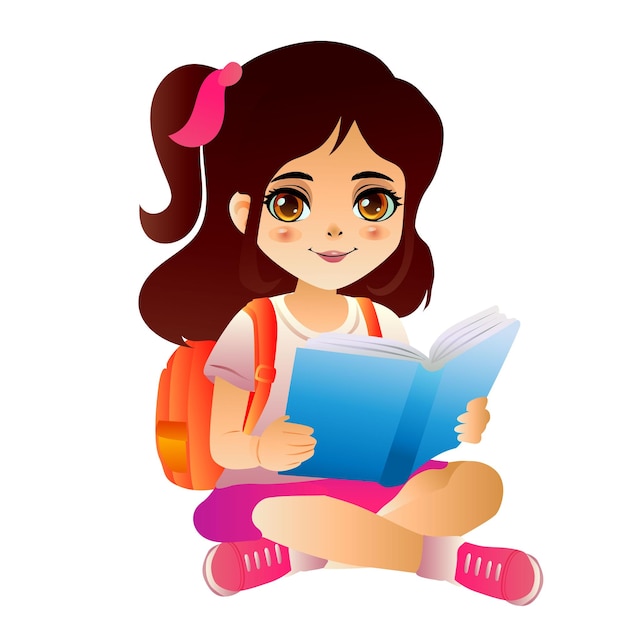 Niña de escuela feliz leyendo libros personajes de dibujos animados