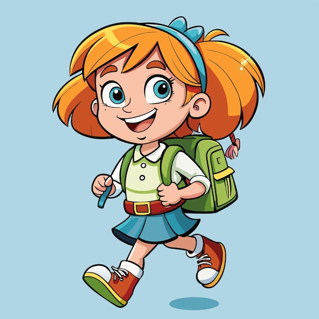 Niña de escuela con una mochila va a la escuela mascota dibujada a mano personaje de dibujos animados sticker icono concepto