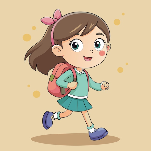 Niña de escuela con una mochila va a la escuela mascota dibujada a mano personaje de dibujos animados sticker icono concepto