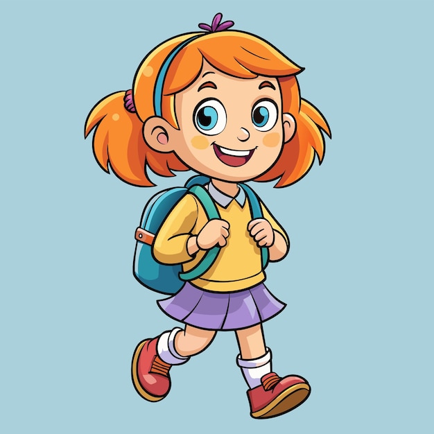 Niña de escuela con una mochila va a la escuela mascota dibujada a mano personaje de dibujos animados sticker icono concepto