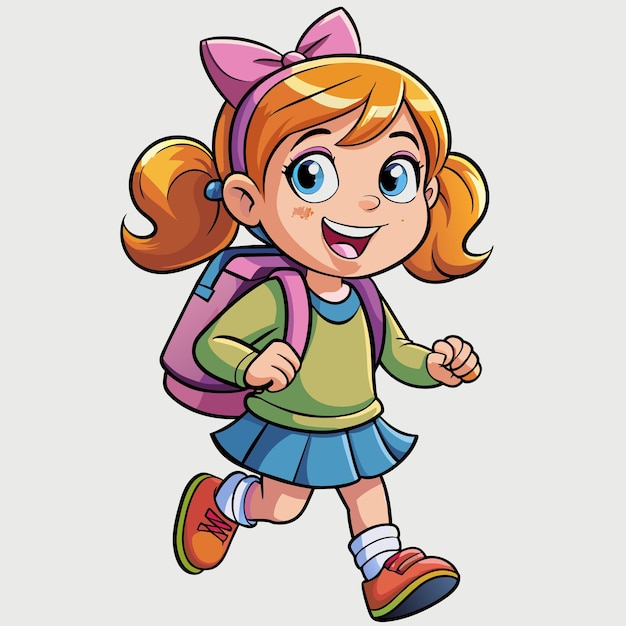 Niña de escuela con una mochila va a la escuela mascota dibujada a mano personaje de dibujos animados sticker icono concepto